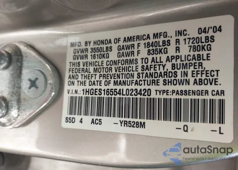 2004 Honda Civic Lx из США, поврежденный, VIN 1HGES16554L023420